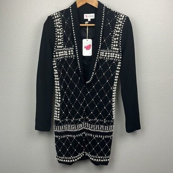 L'atiste Pearl Tuxedo Dress Black Long Sleeve Deep V-Neck Lined Bodycon NEW - Picture 5 of 13